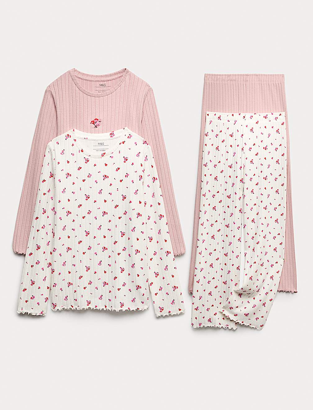 Kids' 2pk Floral Ribbed Pyjama Sets (1-16 Yrs)