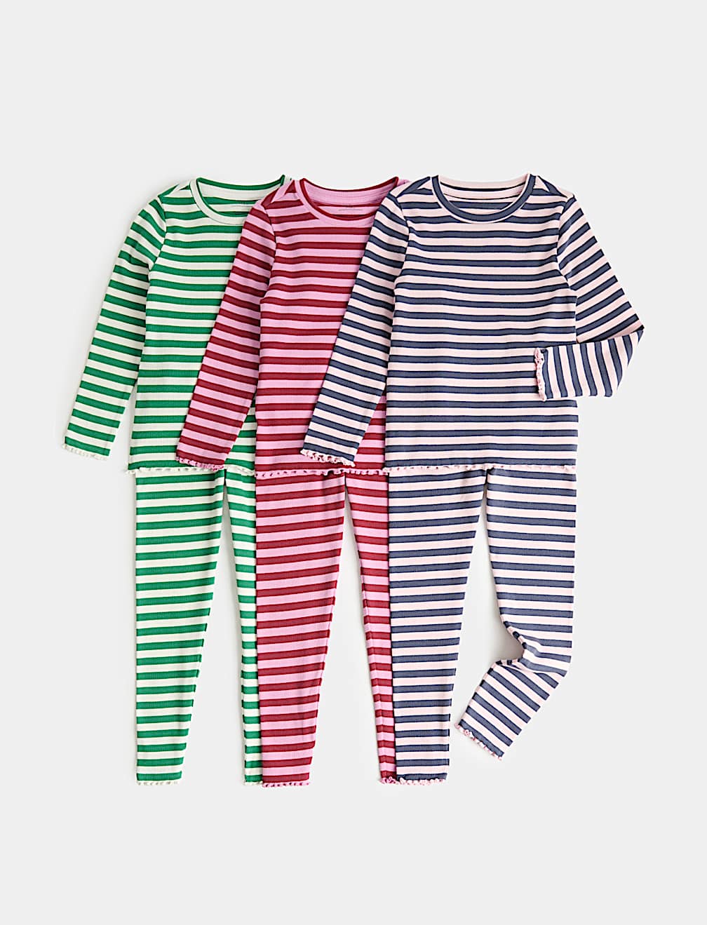 3 Pack Cotton Rich Ribbed Striped Pyjama Sets (1-8 Yrs)