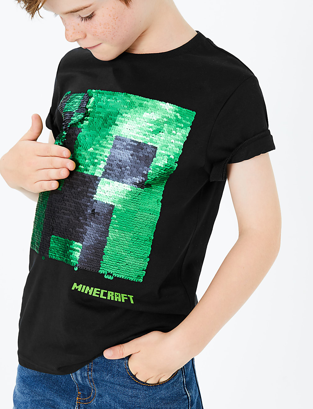 Pure Cotton Sequin Minecraft Print T-Shirt (3-16 Years)