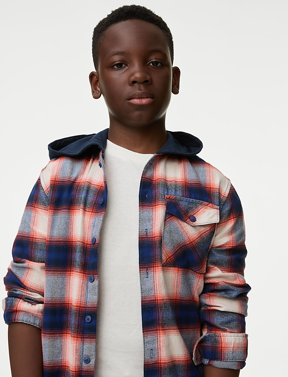 Pure Cotton Checked Hooded Shirt & T-Shirt Set (6-16 Yrs)