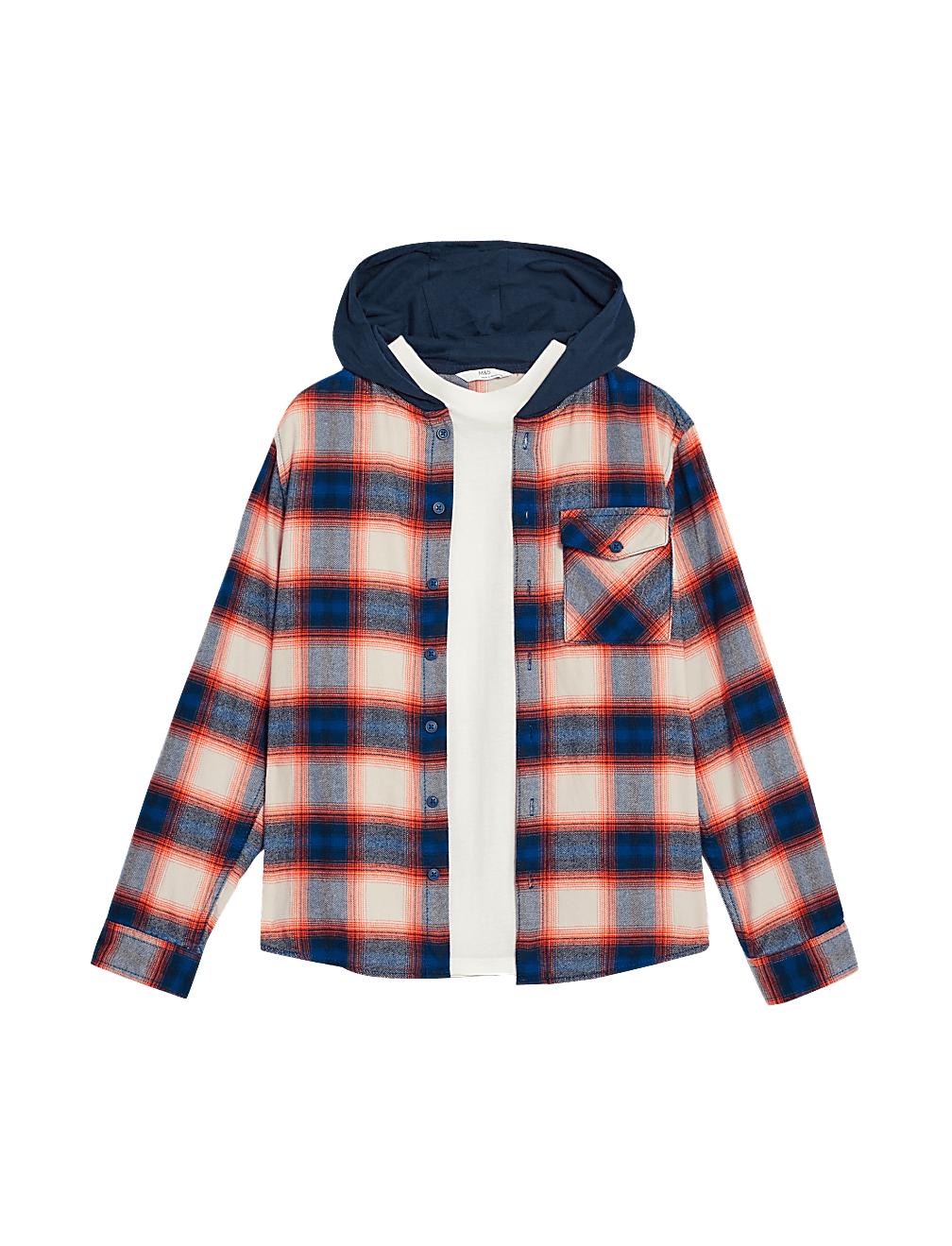 Pure Cotton Checked Hooded Shirt & T-Shirt Set (6-16 Yrs)