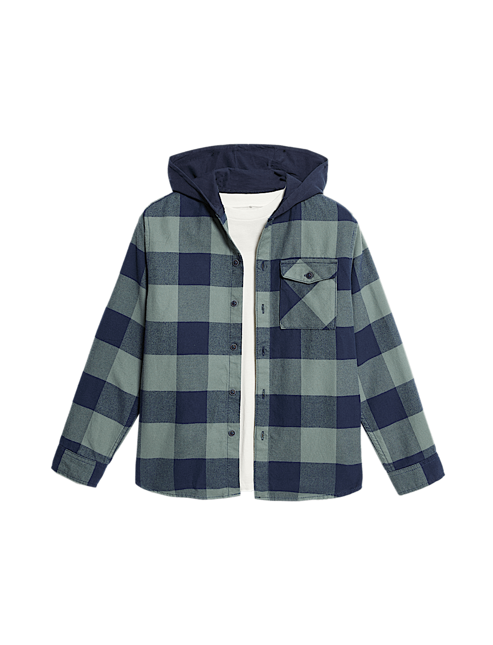 Pure Cotton Checked Hooded Shirt & T-Shirt Set (6-16 Yrs)