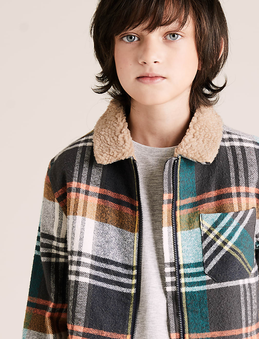 Cotton Borg Lined Checked Shacket (6-16 Yrs)