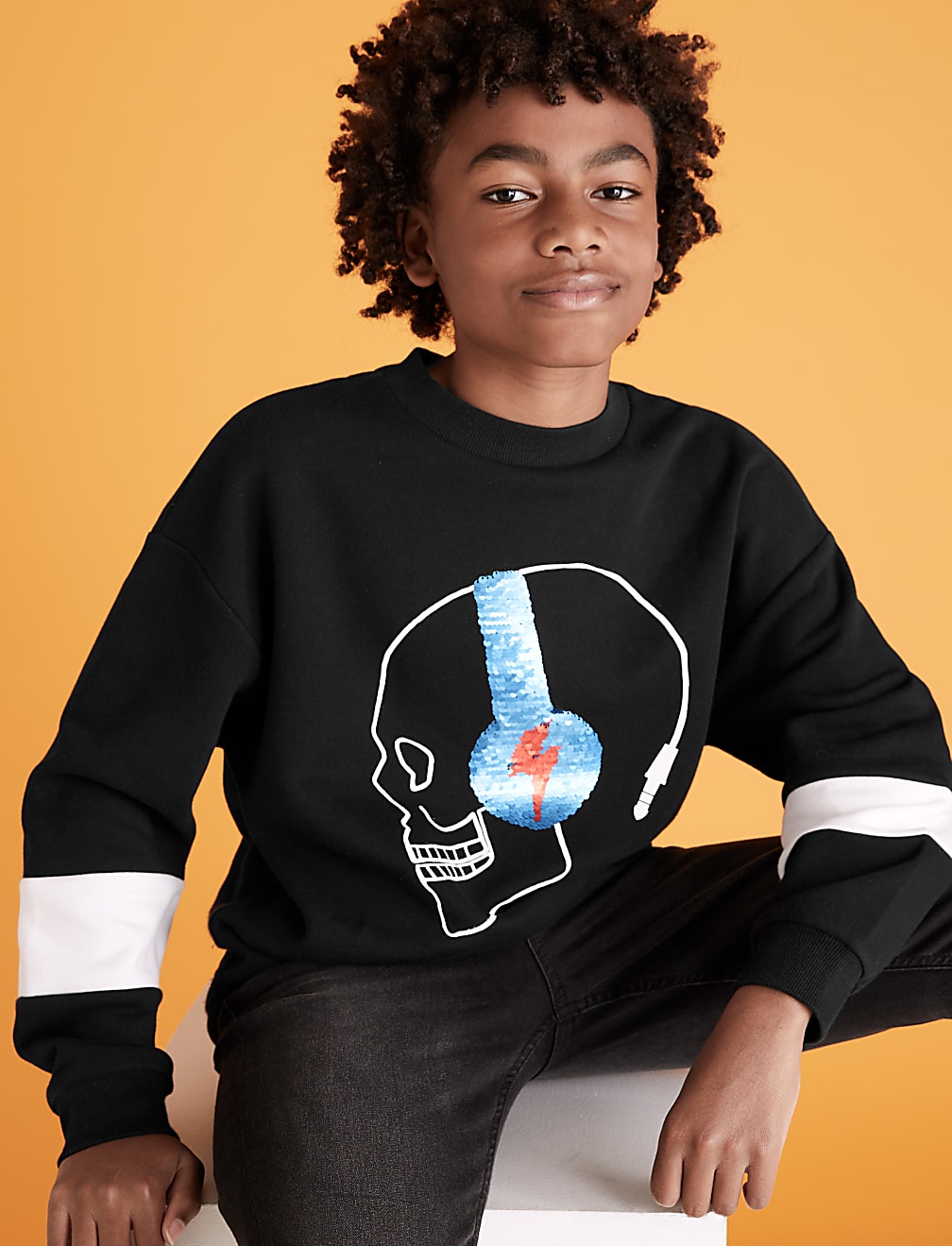 Cotton Sequin Headphones Skull Sweatshirt