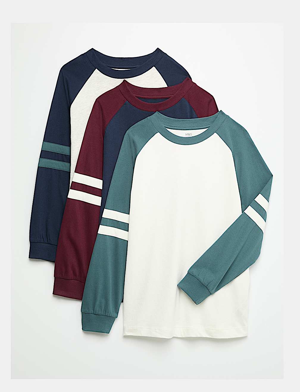 3 Pack Cotton Rich Striped Sleeve Tops (6-16 Yrs)