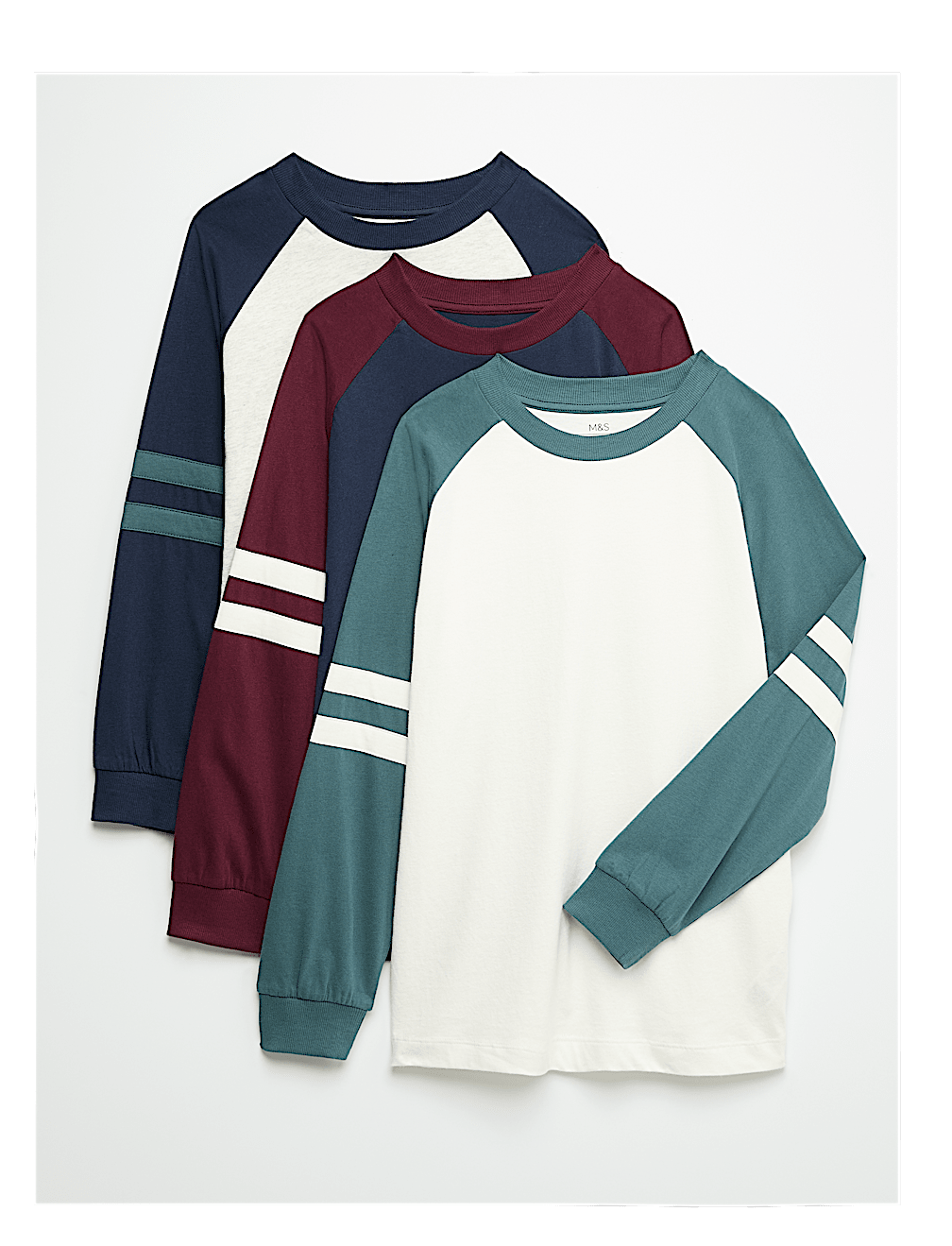 3 Pack Cotton Rich Striped Sleeve Tops (6-16 Yrs)