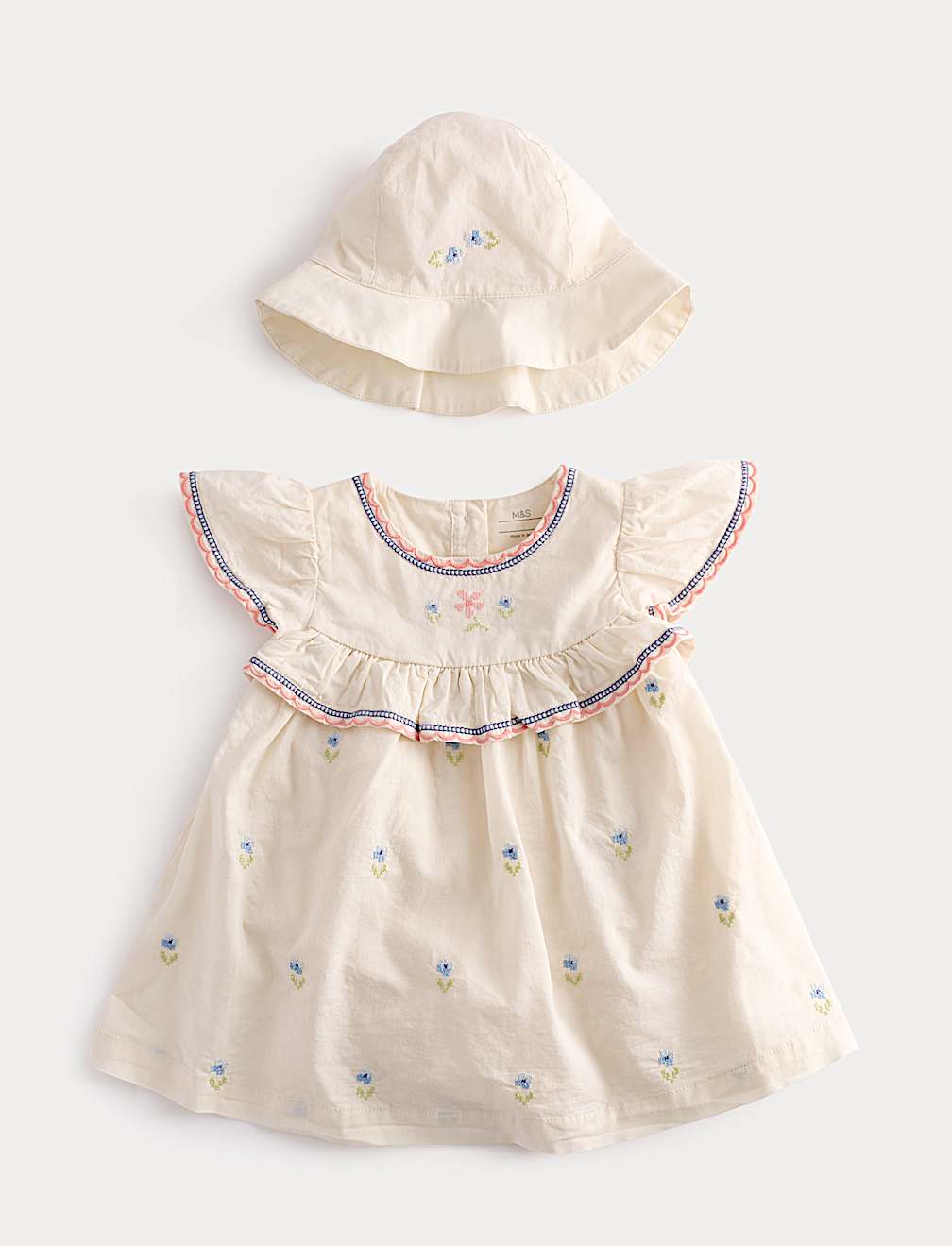 2 Piece Pure Cotton Floral Dress & Hat Outfit (0-2 Yrs)