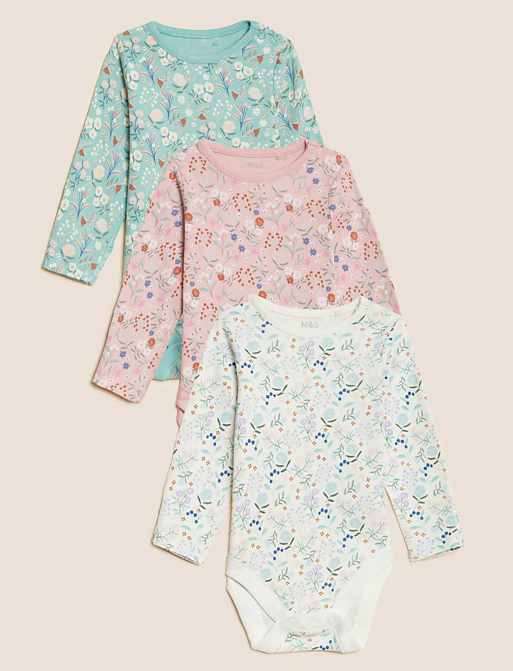 3pk Pure Cotton Floral Bodysuits (6&frac12;lbs - 3 Yrs)