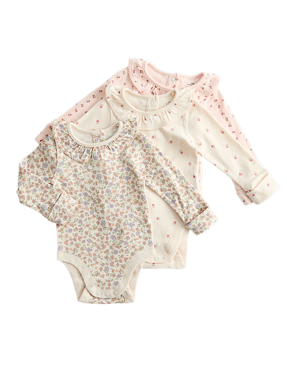 3pk Pure Cotton Floral Long Sleeve Bodysuits (0-3 Yrs)