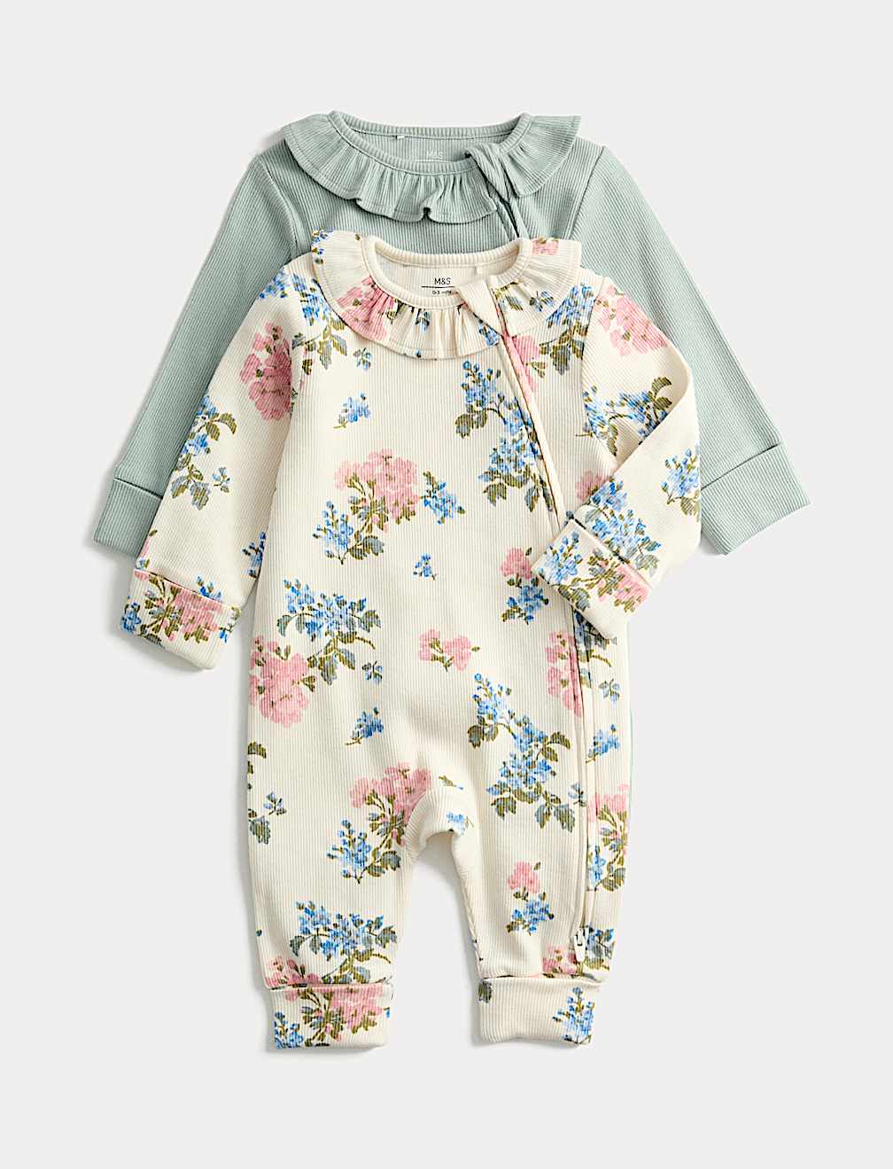2pk Floral Frill Collar Zip Sleepsuits (0-3 Yrs)