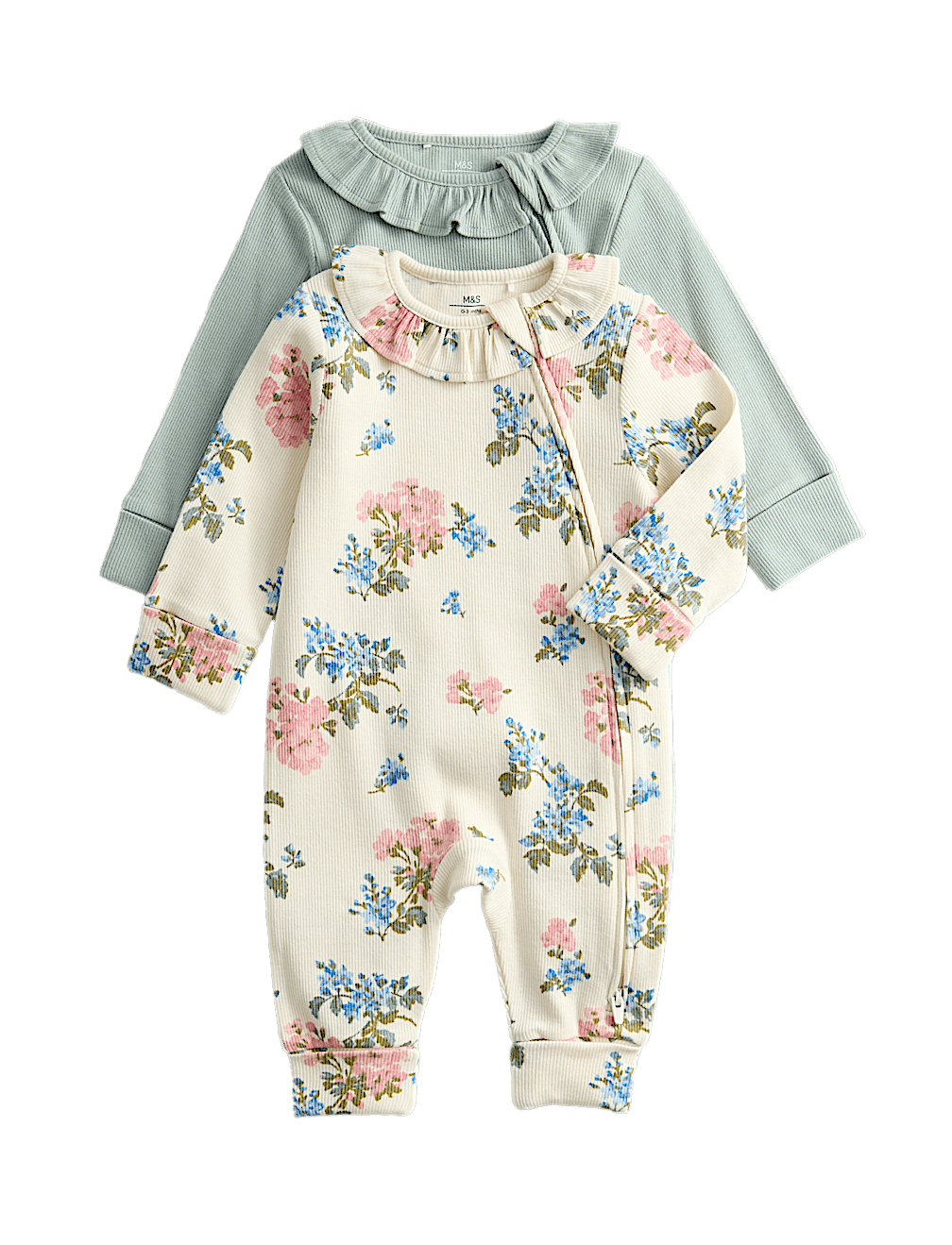 2pk Floral Frill Collar Zip Sleepsuits (0-3 Yrs)