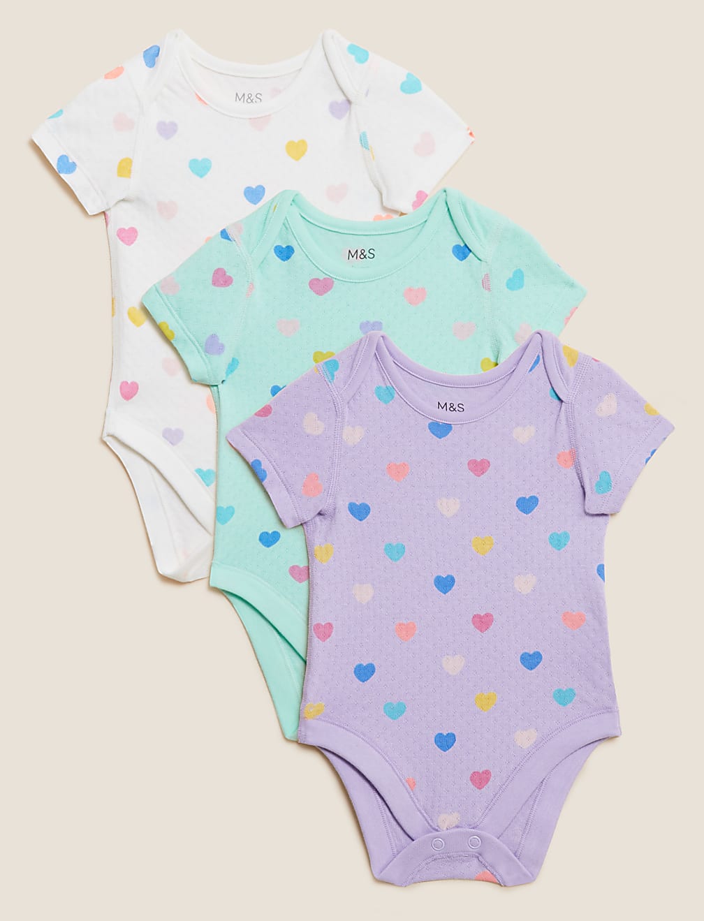 3pk Pure Cotton Heart Bodysuits (6½lbs - 3 Yrs)