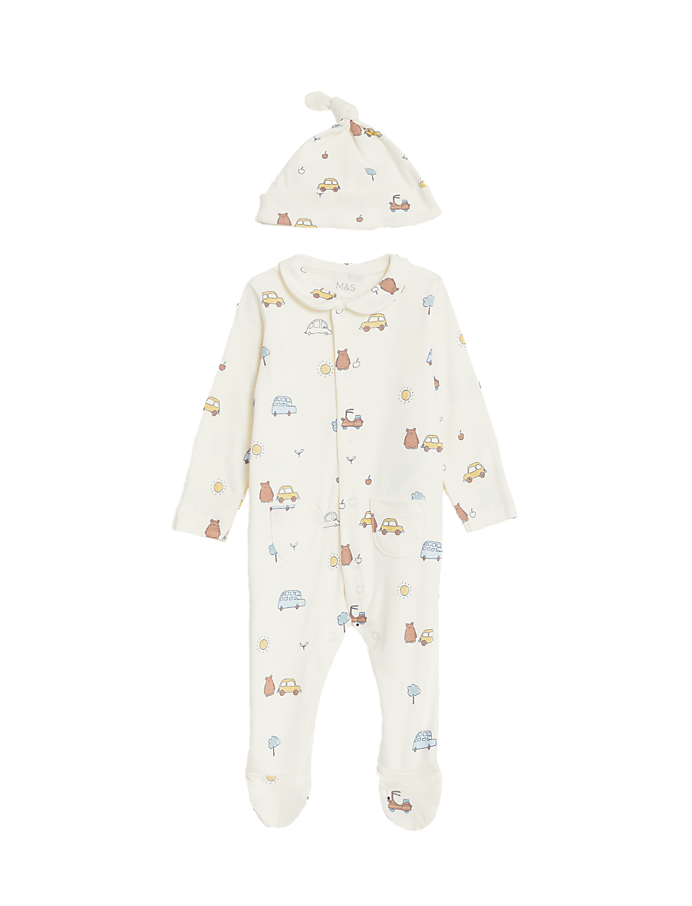 2pc Pure Cotton Printed Sleepsuit & Hat Set (7lbs-1 Yrs)