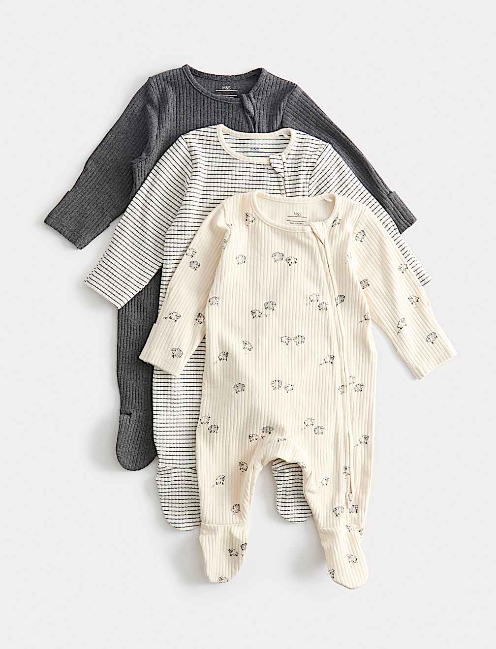 3pk Cotton Rich Sheep Ribbed Sleepsuits (6½lbs-3 Yrs)
