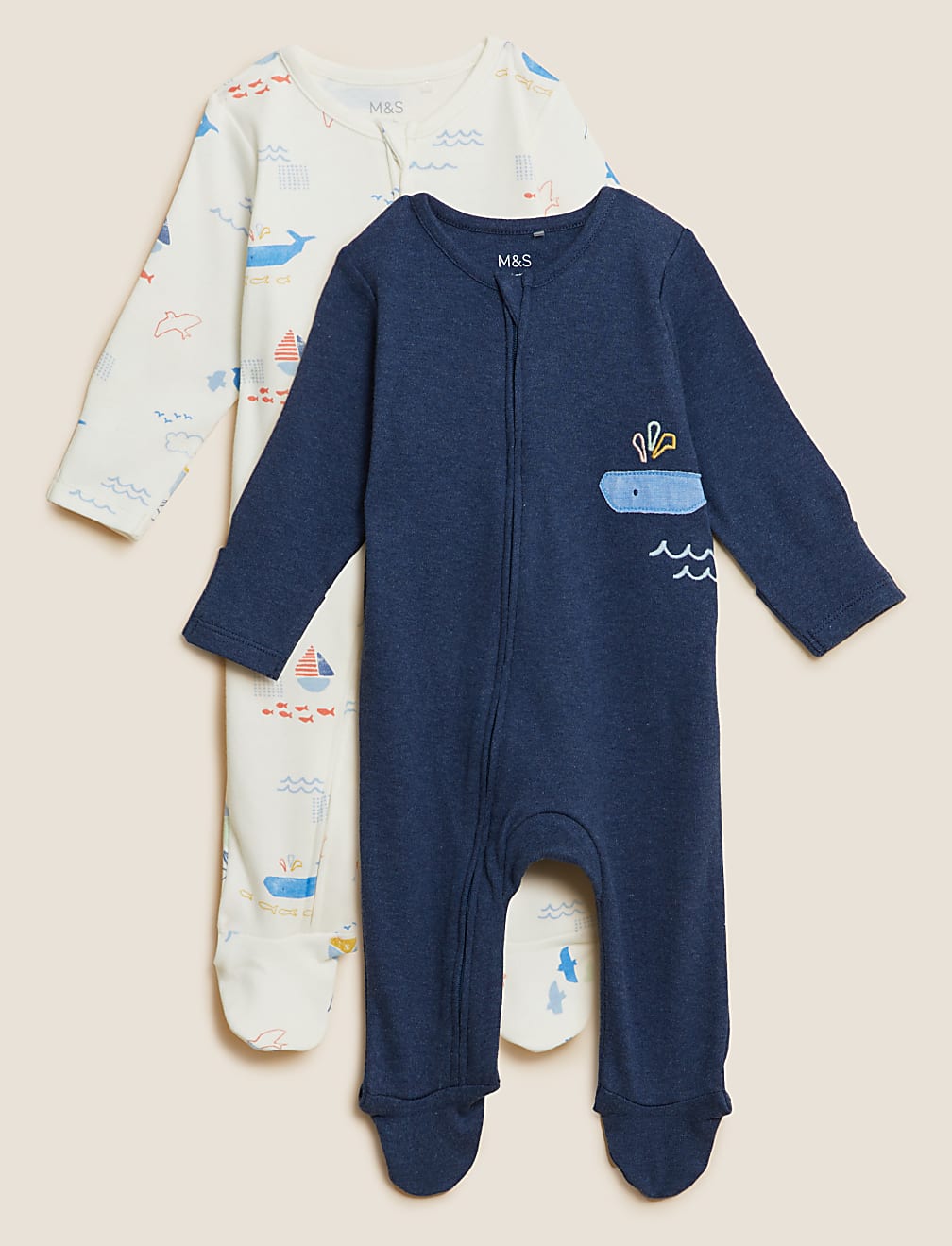2pk Pure Cotton Whale Sleepsuits (0-3 Yrs)