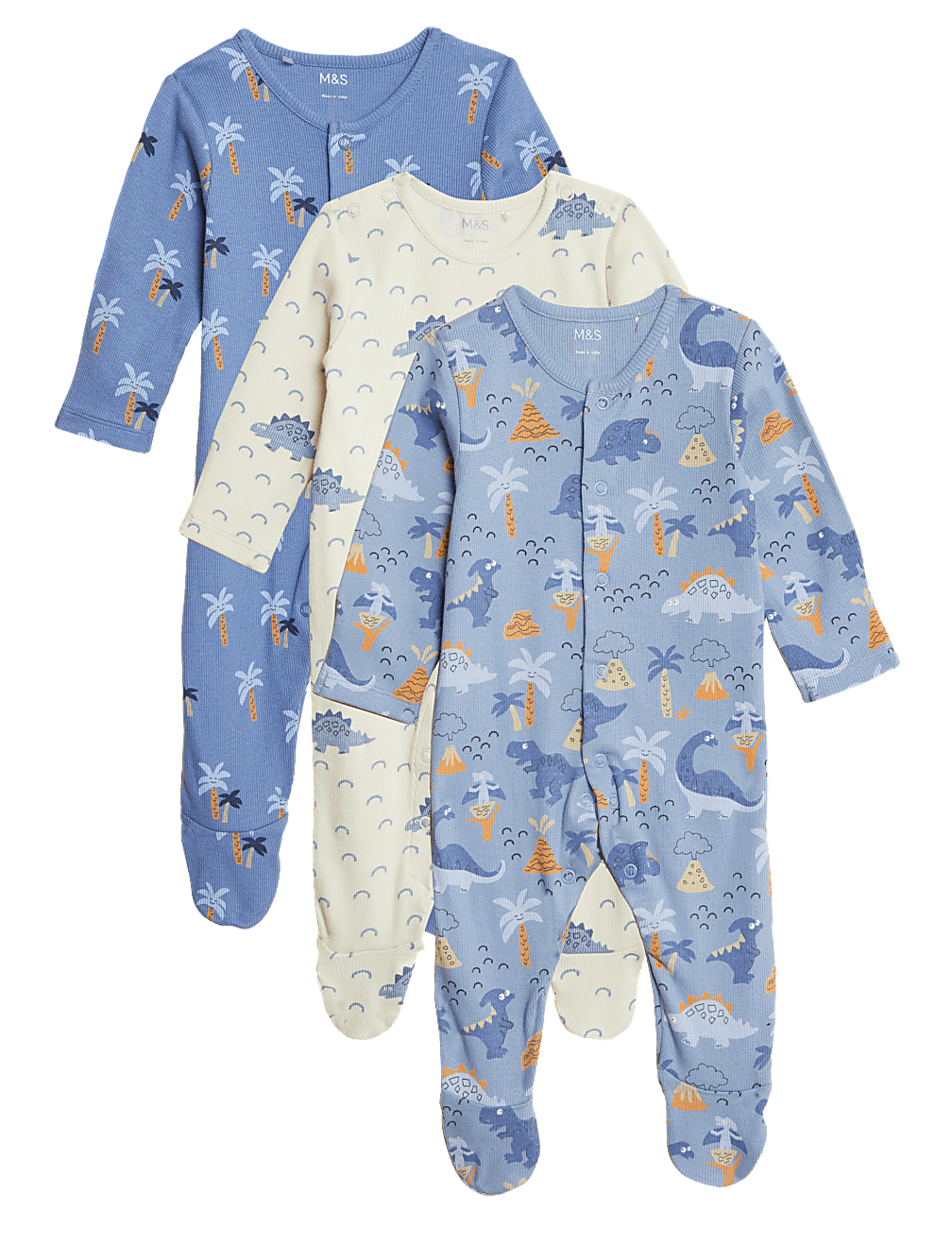 3pk Cotton Rich Dinosaur Sleepsuits
