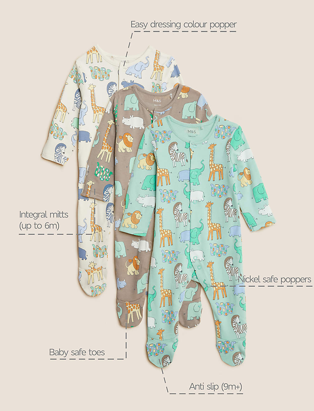 3pk Pure Cotton Safari Sleepsuits