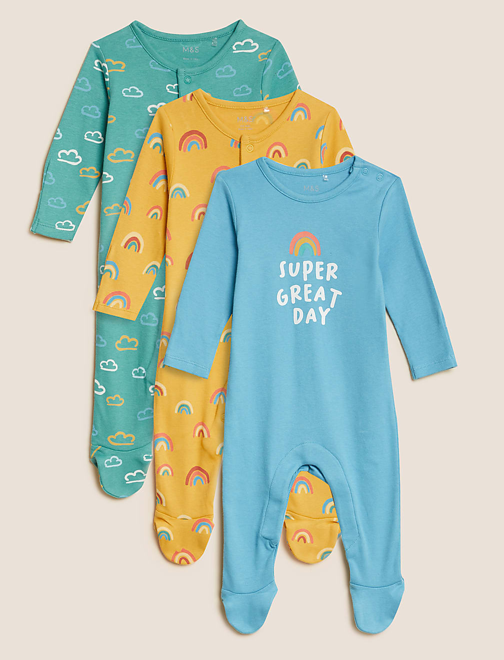 3pk Pure Cotton Patterned Sleepsuits