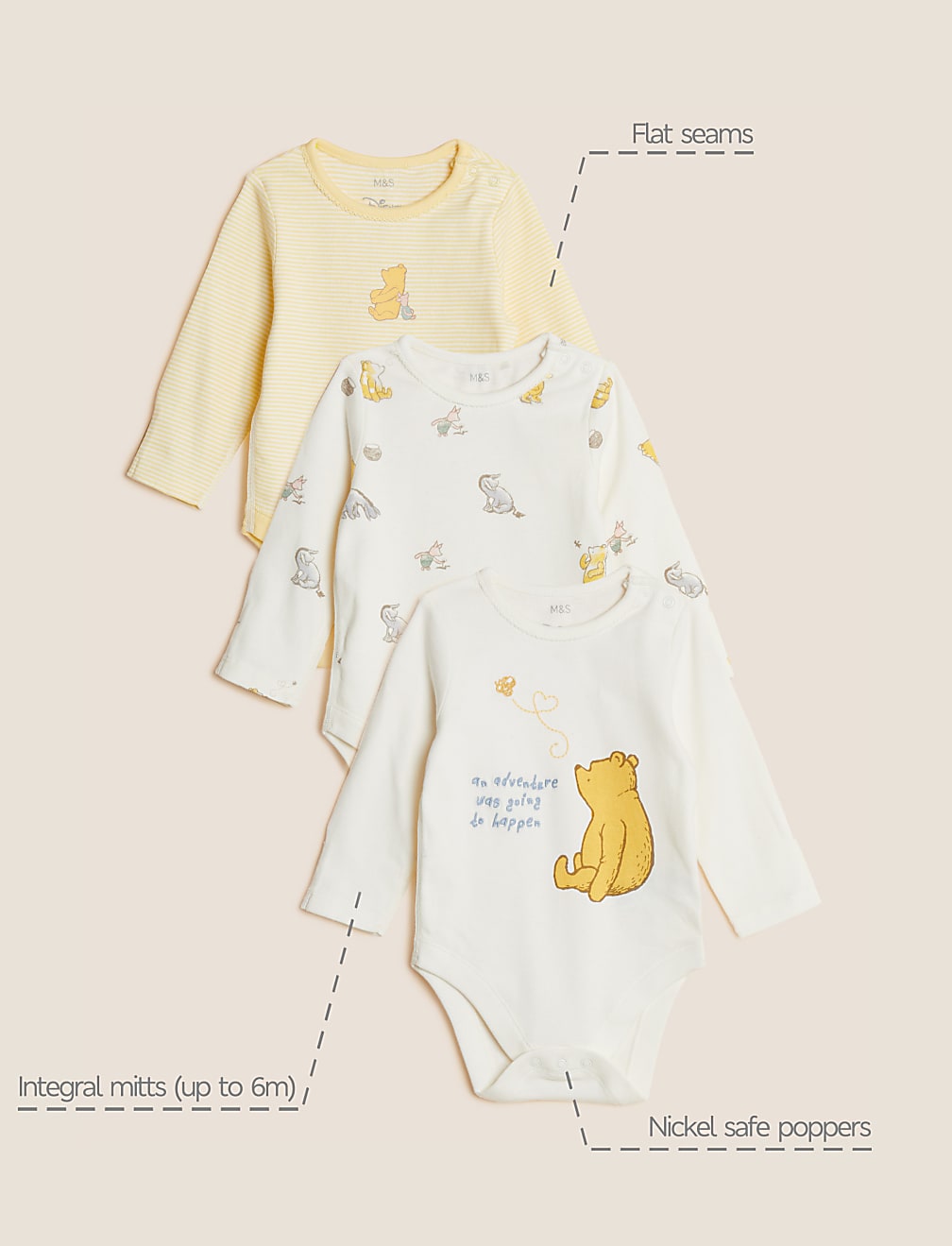 3pk Pure Cotton Winnie the Pooh&trade; Bodysuits (0-3 Yrs)