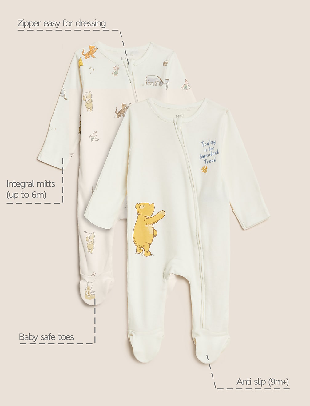 2pk Winnie The Pooh™ Sleepsuits (7lbs - 3 Yrs)