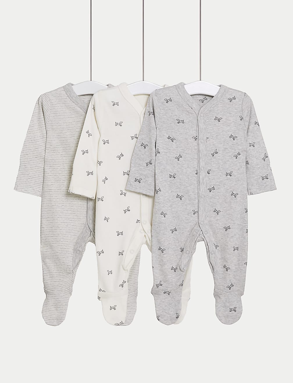 3pk Pure Cotton Dog & Striped Sleepsuits (5lbs-3 Yrs)