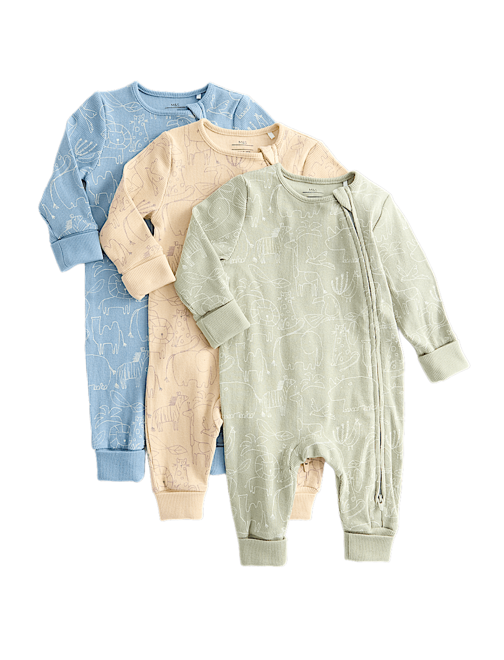 3pk Cotton Rich Ribbed Safari Sleepsuits (6½lbs-3 Yrs)