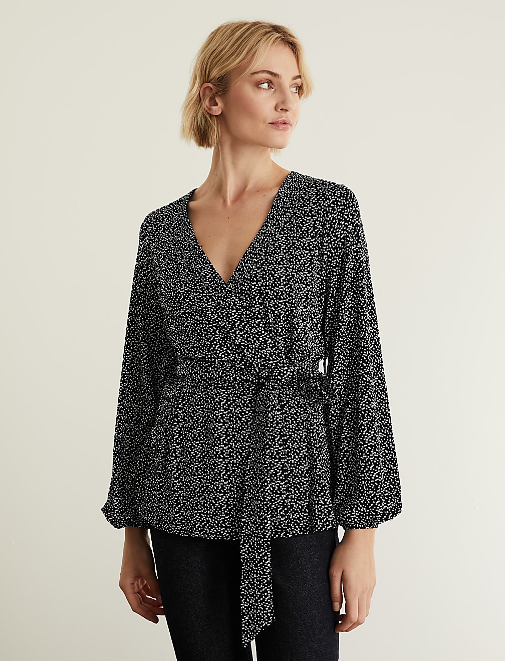 Jersey Printed V-Neck Long Sleeve Top