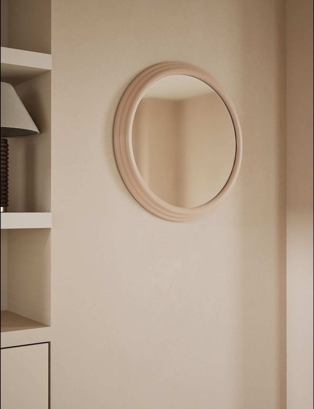 M&S Ribbed Gloss Round Wall Mirror - Beige, Beige