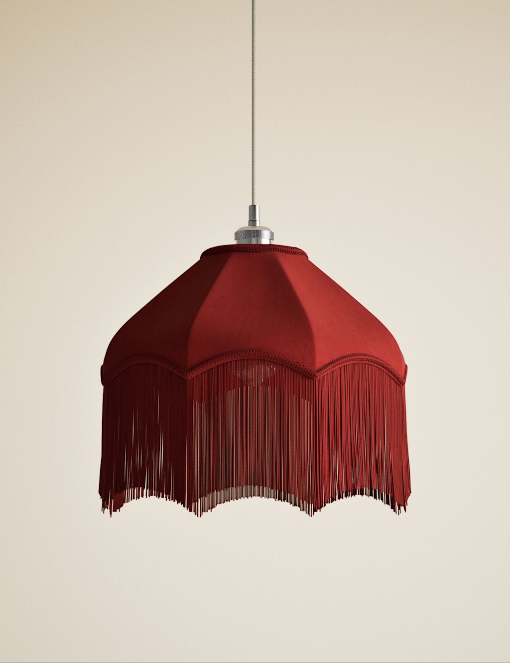 M&S Fringed Velvet Lamp Shade - Red, Red