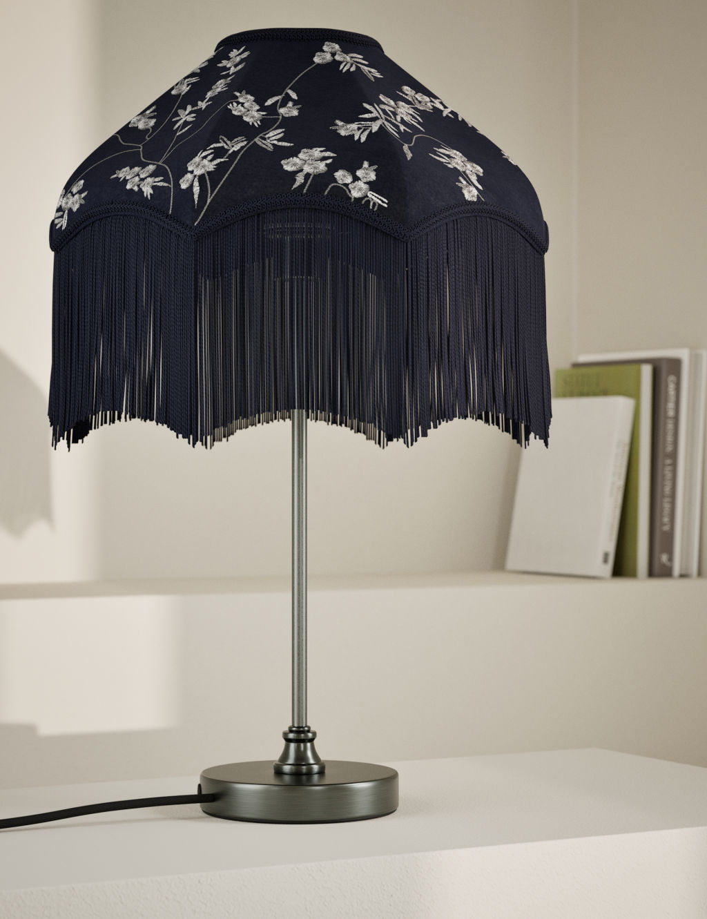 M&S Velvet Cherry Blossom Table Lamp - 1SIZE - Navy, Navy