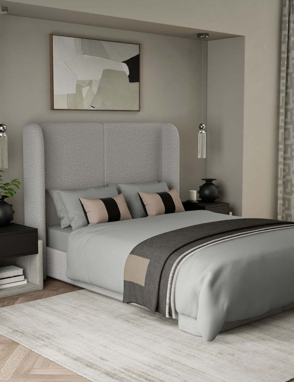 M&S X Kelly Hoppen 500 Thread Count Pure Cotton Sateen Bedding Set - Super King Size (6 ft) - Grey, Grey