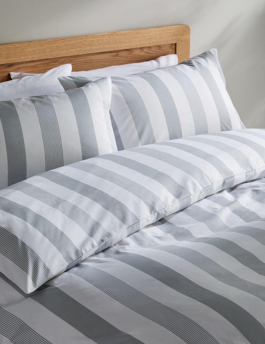 M&S Pure Cotton Hadley Striped Bedding Set - Super King Size (6 ft) - Light Grey, Light Grey