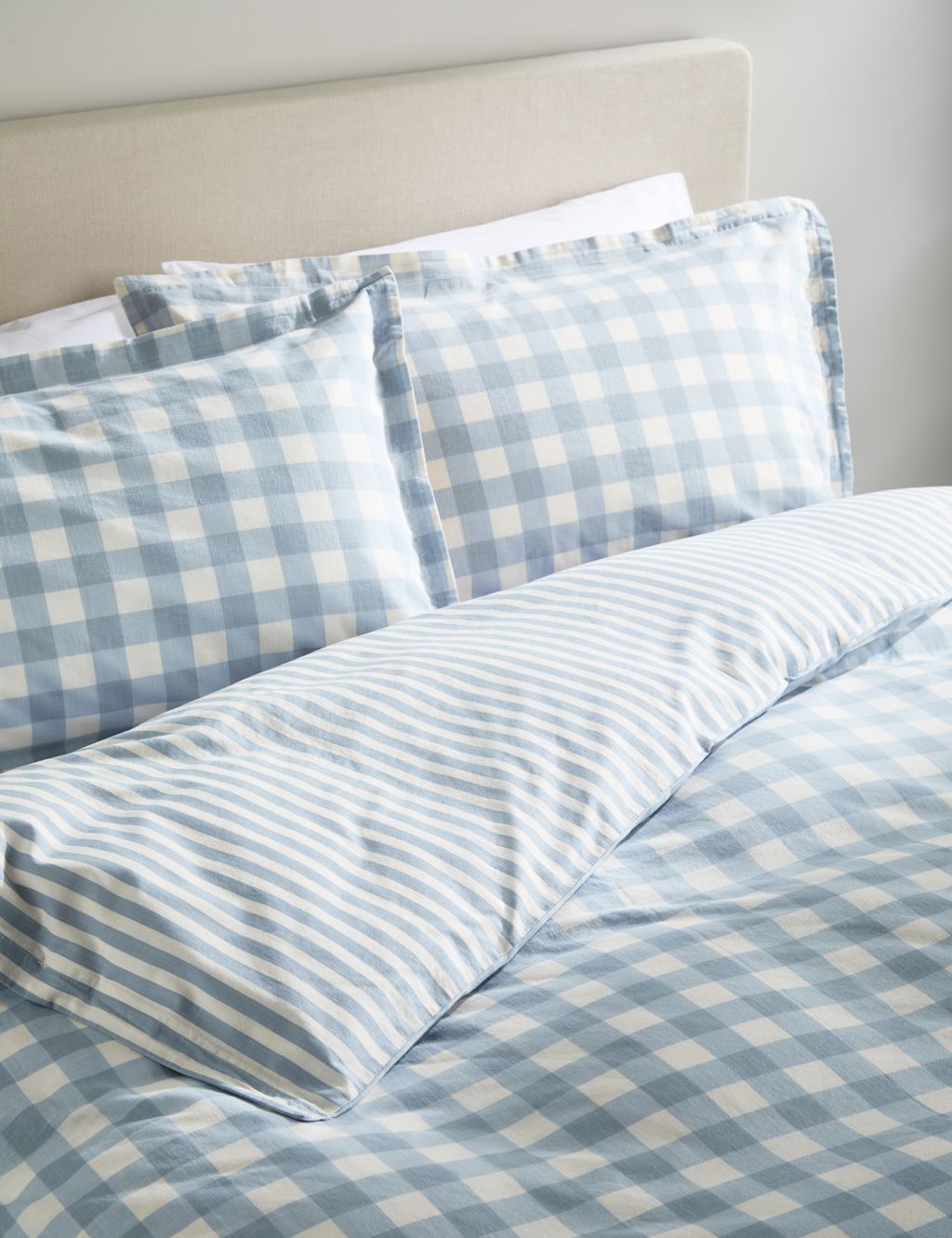 M&S Pure Cotton Gingham Bedding Set - Super King Size (6 ft) - Blue, Blue