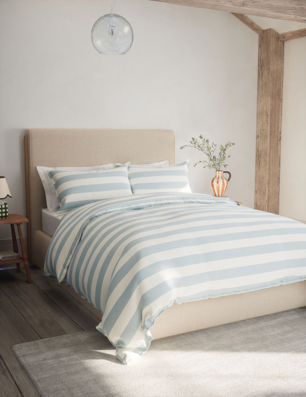 M&S Linen Blend Striped Bedding Set - Super King Size (6 ft) - Blue Mix, Blue Mix
