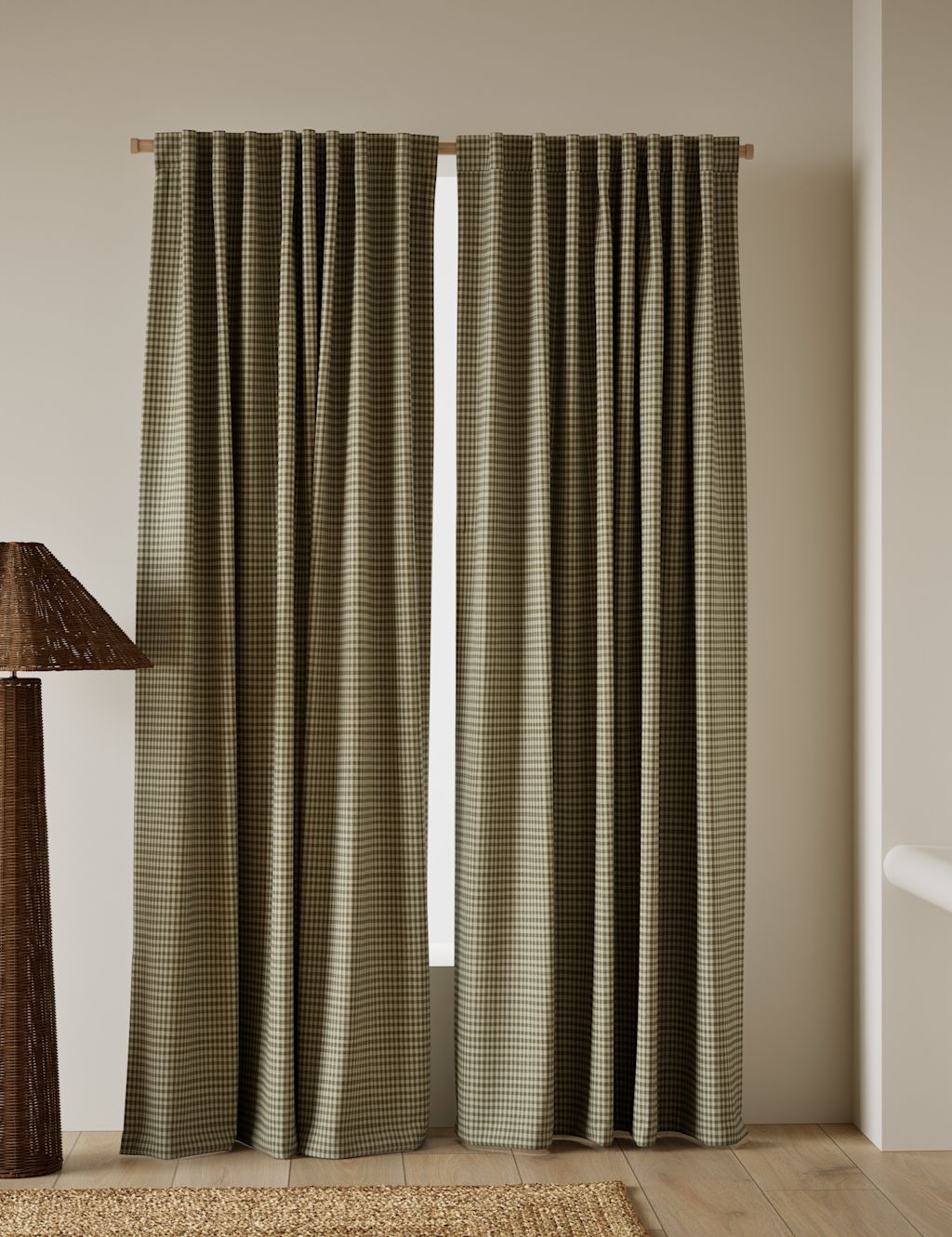 M&S Pure Cotton Gingham Semi-Sheer Multiway Curtains - W168cm, Drop 137cm - Olive, Olive