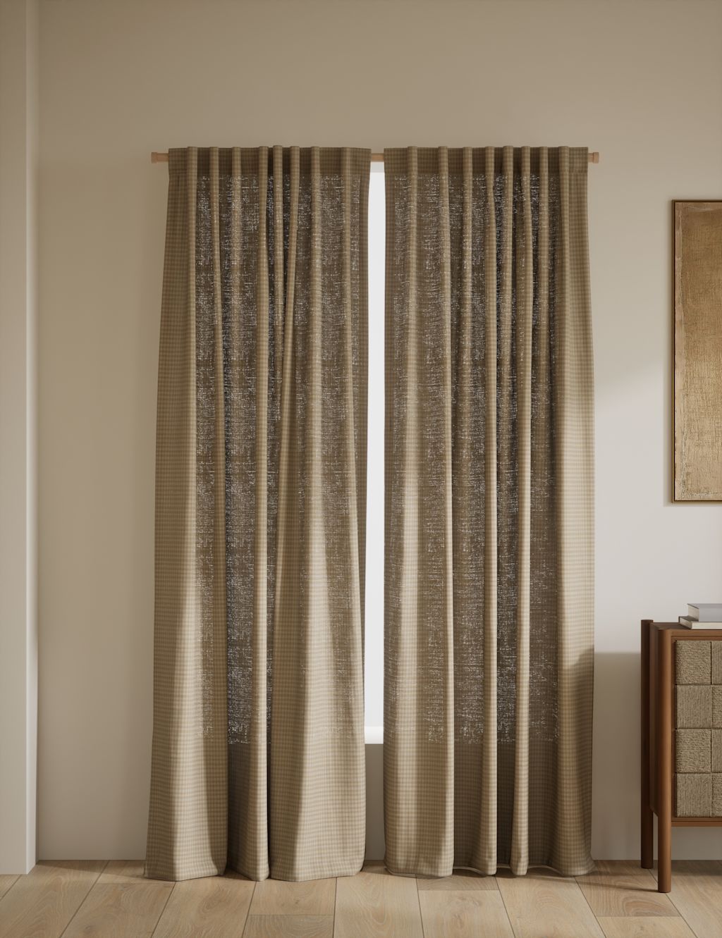 M&S Pure Cotton Gingham Semi-Sheer Multiway Curtains - W168cm, Drop 137cm - Neutral, Neutral