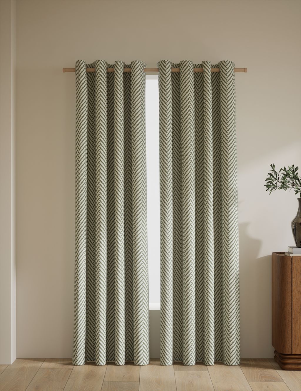 M&S Textured Herringbone Eyelet Curtains - W117cm, Drop 137cm - Green, Green