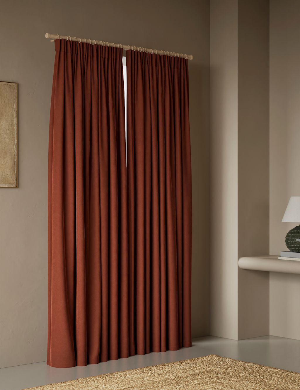M&S Velvet Pencil Pleat Curtains - W117cm, Drop 137cm - Chestnut, Chestnut