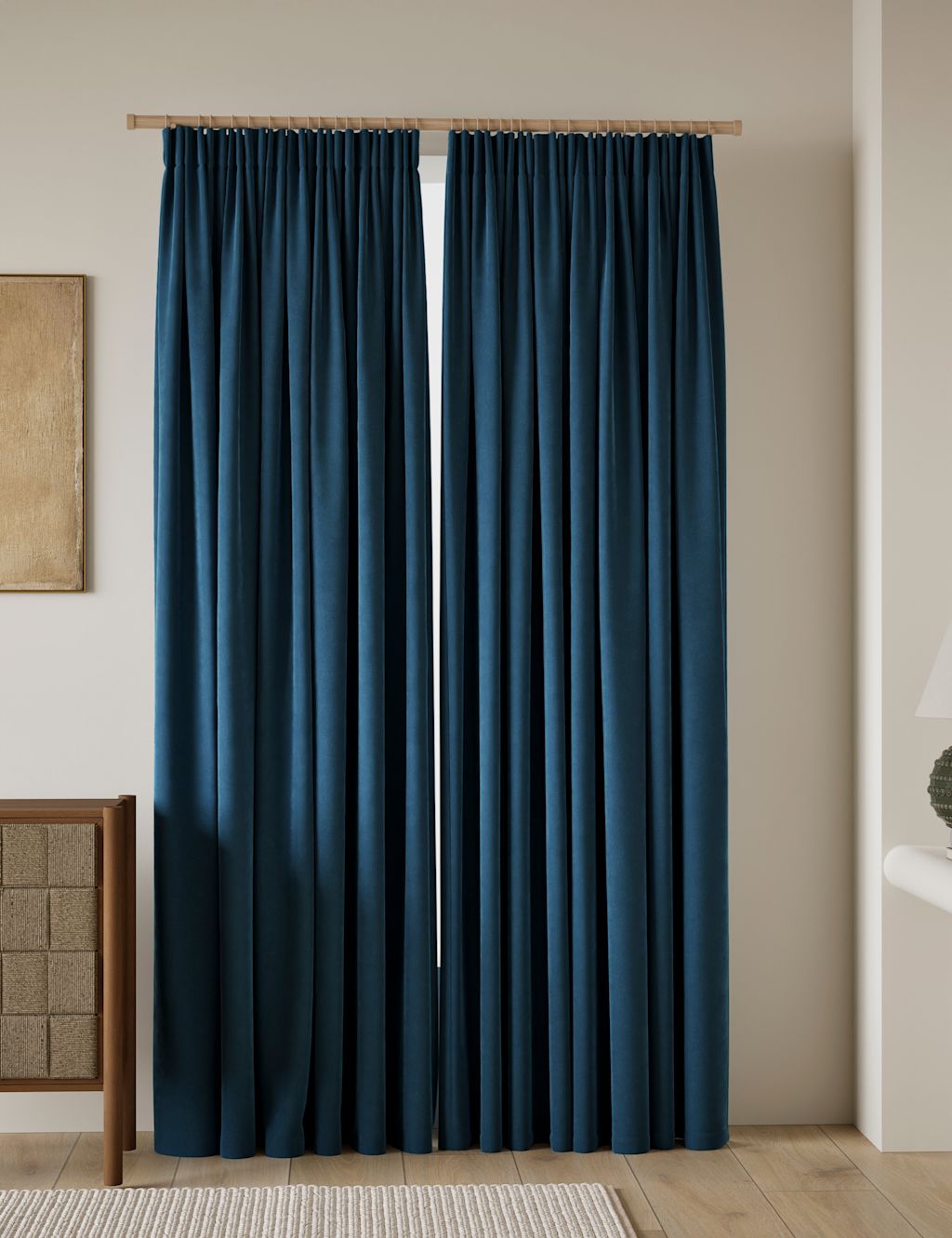 M&S Velvet Pencil Pleat Curtains - W117cm, Drop 137cm - Petrol, Petrol
