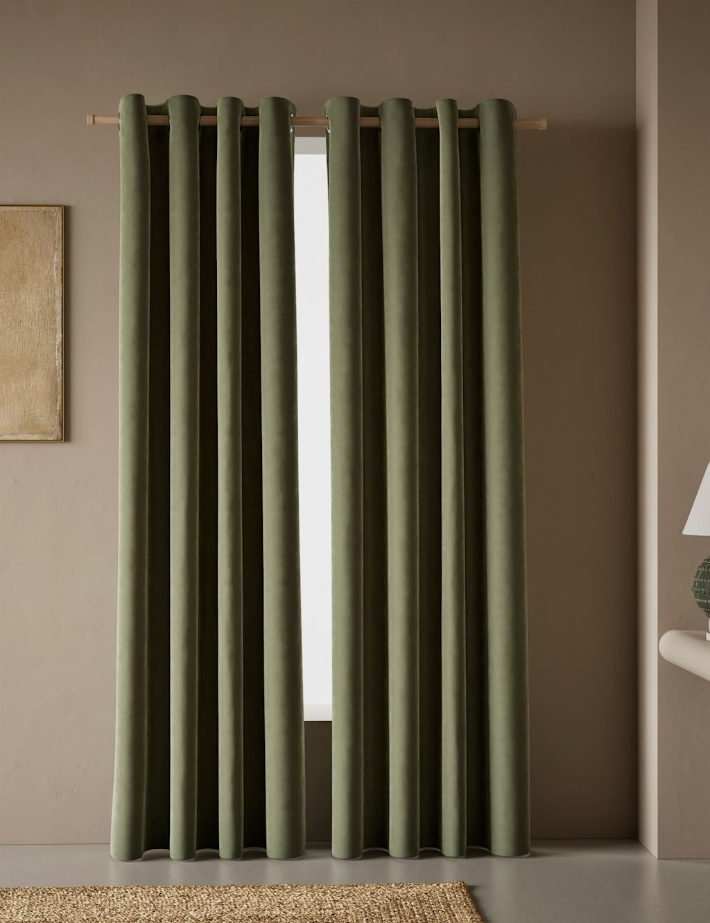 M&S Velvet Eyelet Curtains - W117cm, Drop 137cm - Khaki, Khaki