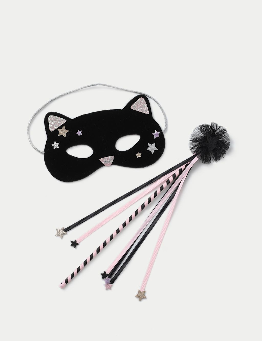 M&S 2pc Halloween Faux Fur Cat Mask & Wand - 1SIZE - Black Mix, Black Mix