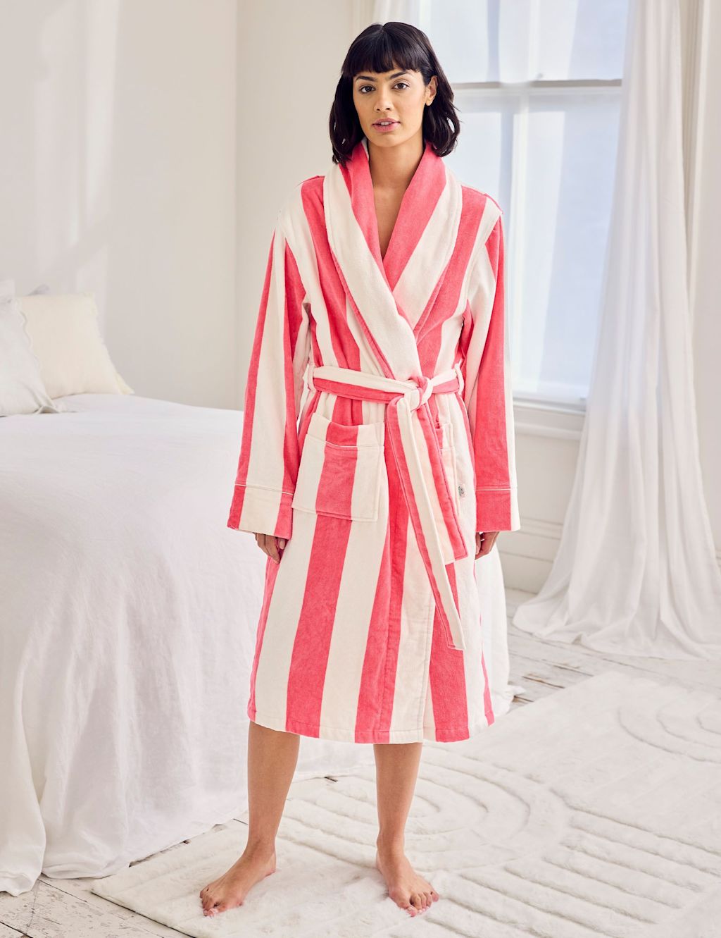 Chelsea Peers Pure Cotton Striped Towelling Dressing Gown - 14-16 - Pink, Pink