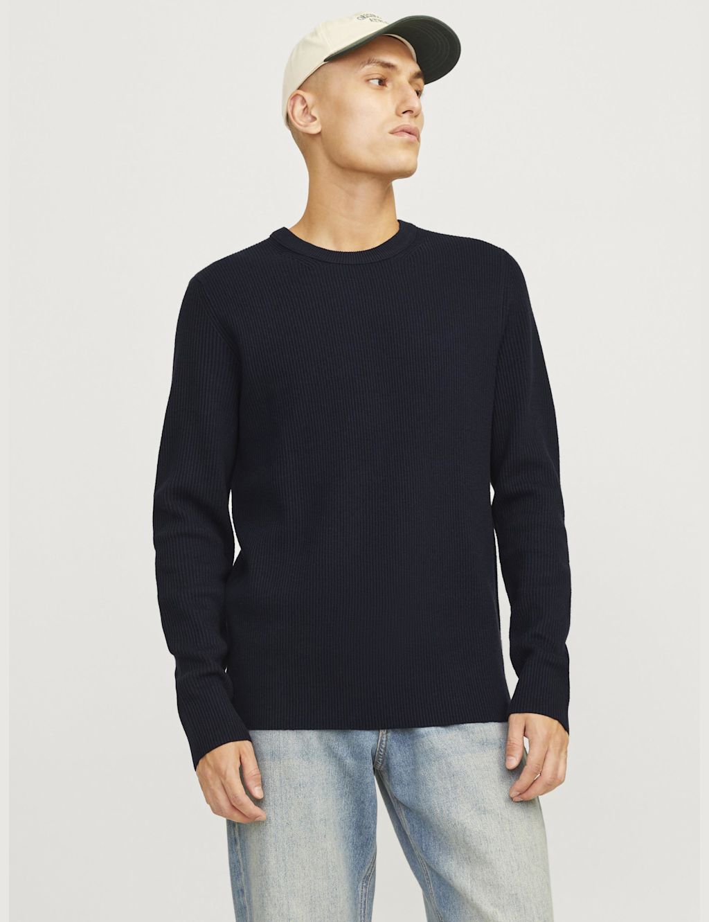 JACK & JONES Cotton Blend RibbedCrew Neck Jumper - XL - Navy, Navy