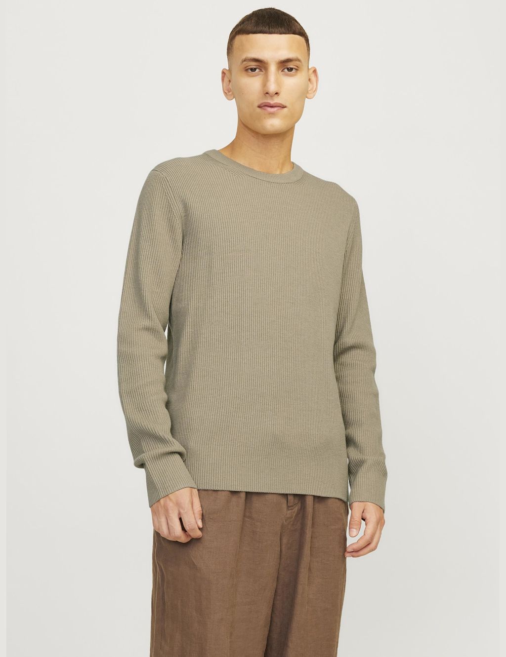 JACK & JONES Cotton Blend RibbedCrew Neck Jumper - Beige, Beige
