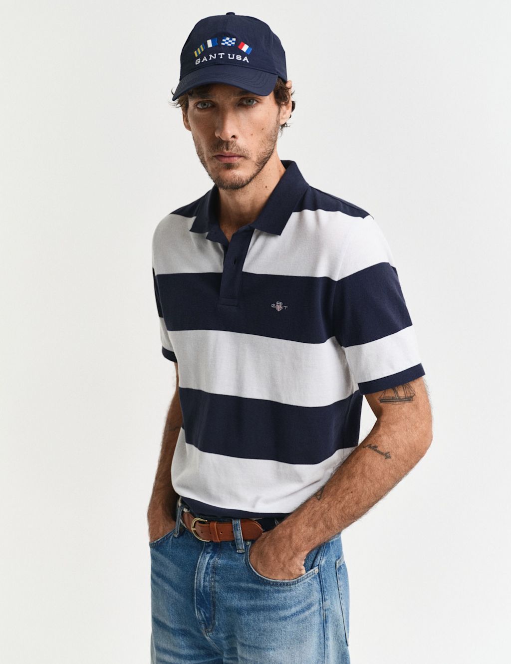 GANT Pure Cotton Striped Polo Shirt - M - Navy Mix, Navy Mix