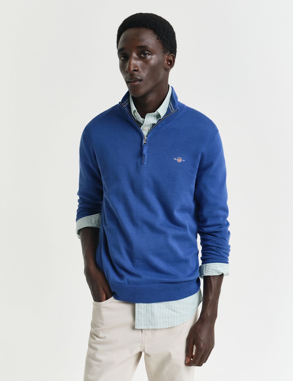 GANT Pure Cotton Funnel Neck Half Zip Jumper - Blue, Blue