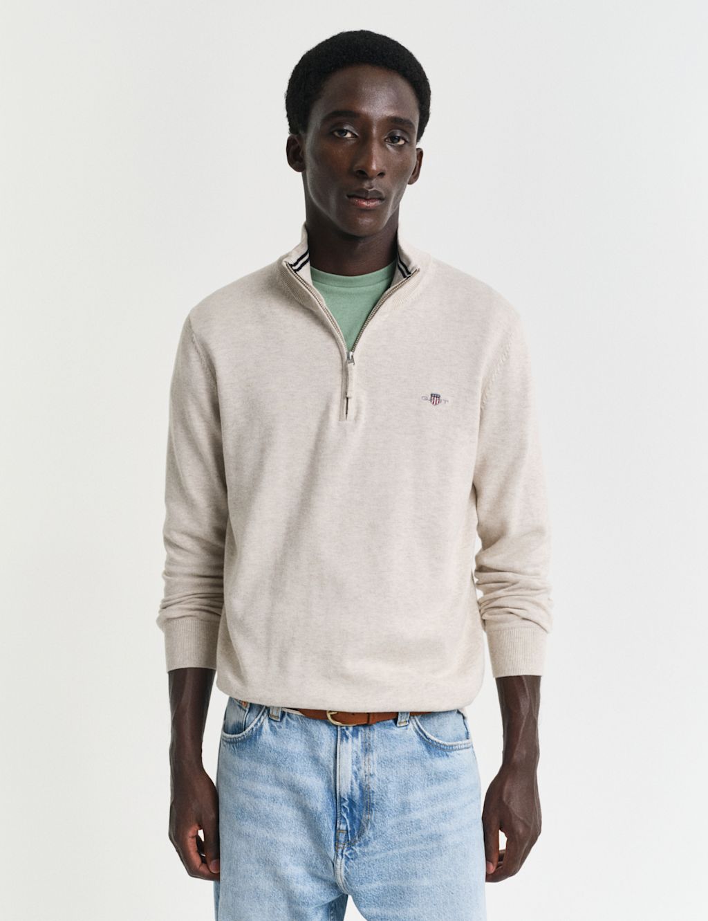 GANT Pure Cotton Funnel Neck Half Zip Jumper - XL - Beige, Beige
