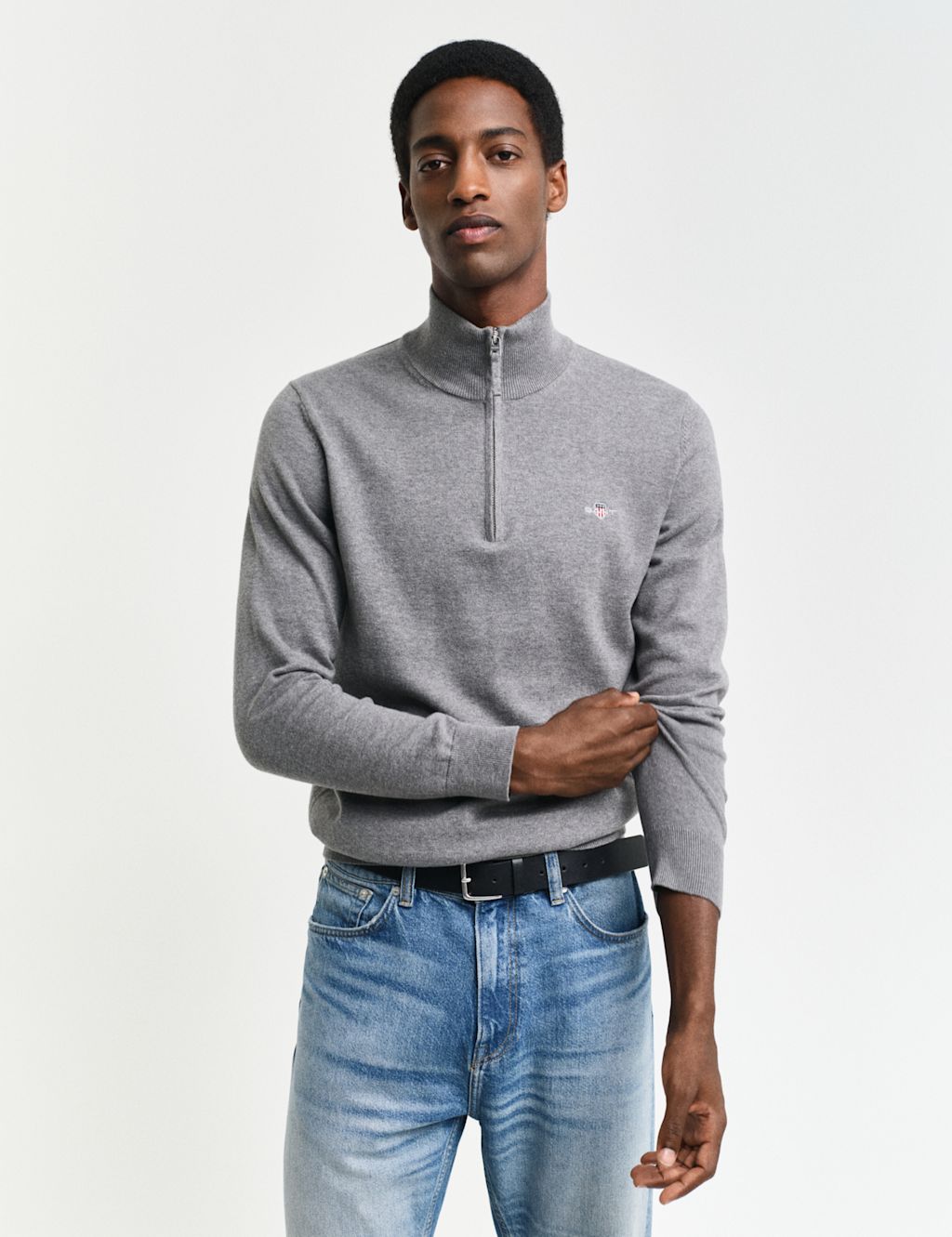 GANT Pure Cotton Funnel Neck Half Zip Jumper - Dark Grey, Dark Grey