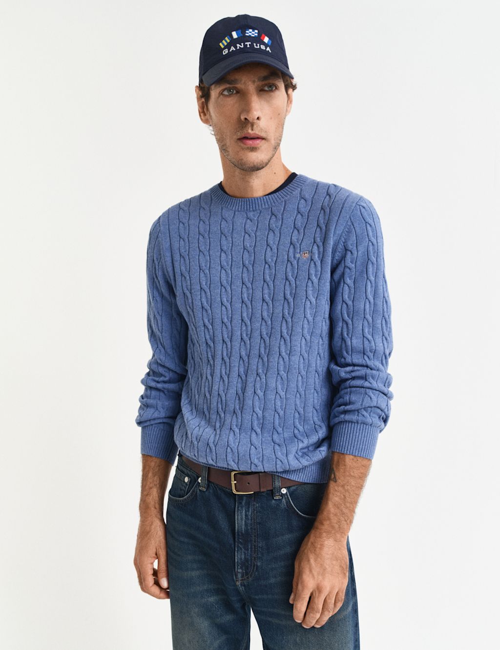 GANT Pure Cotton Cable Crew Neck Jumper - Blue, Blue