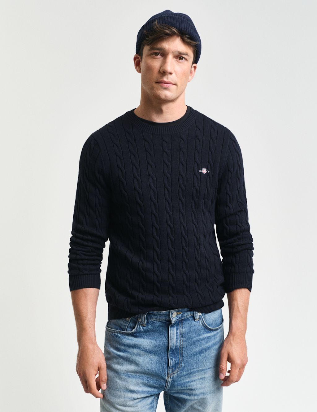 GANT Pure Cotton Cable Crew Neck Jumper - Navy, Navy